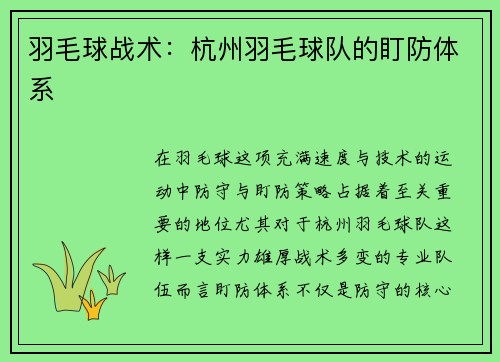 羽毛球战术：杭州羽毛球队的盯防体系