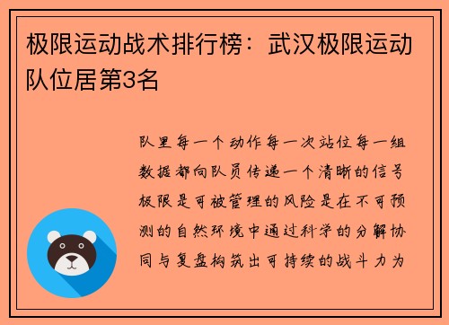 极限运动战术排行榜：武汉极限运动队位居第3名