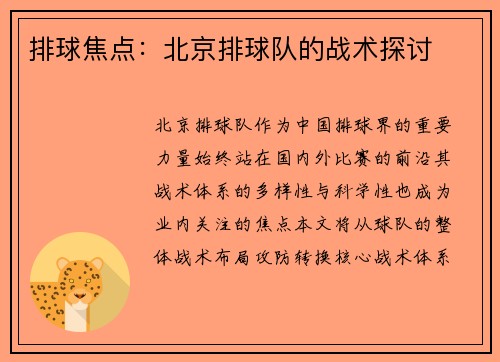 排球焦点：北京排球队的战术探讨
