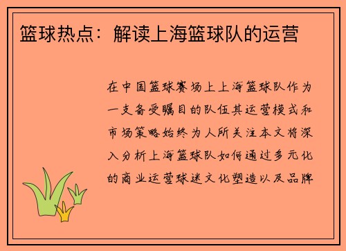 篮球热点：解读上海篮球队的运营